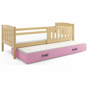 BMS Detská posteľ KUBUŠ 2 s prístelkou | 200 x 90 FARBA: Borovica, DOPLNKOVÁ FARBA: Ružová